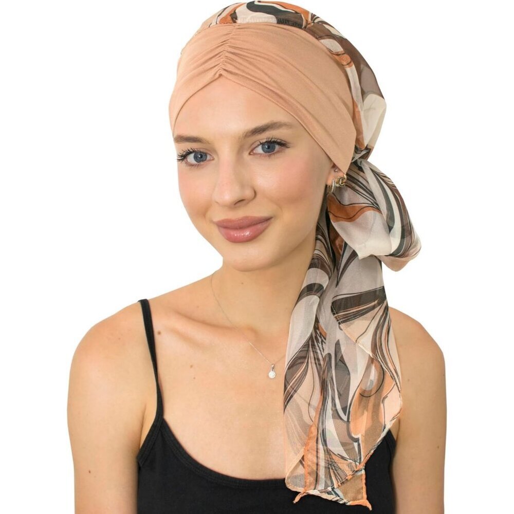 Women’s Beige Waves Scarf Skull Cap Chemo Headwear Hair Loss Turban